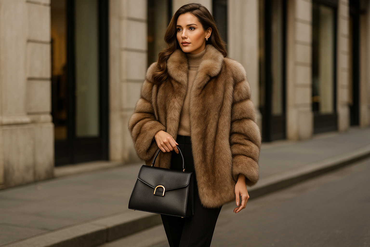 donna con pelliccia che cammina con borsa 